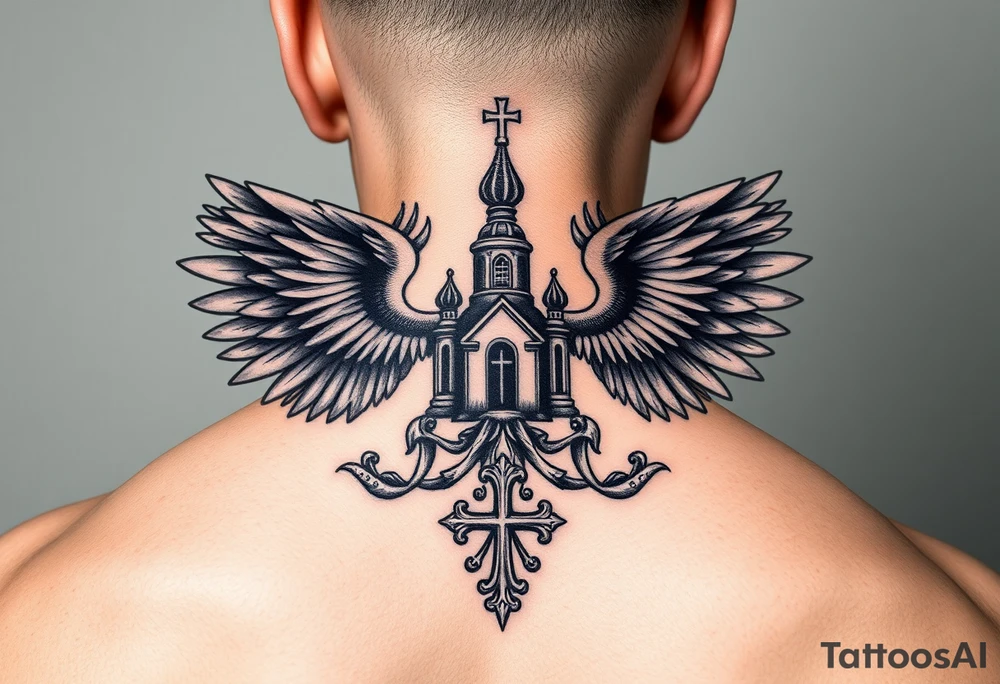 an actual russian coat of arms with both heads visible & wings spanning out on my back neck across on to my shoulders / traps with a orthodox christian church being visible in a mountainous sun beaming setting, with the russian orthodox cross spire of the orthodox church being visible on my neck with a sun beaming in the background that the cross sits inside tattoo idea