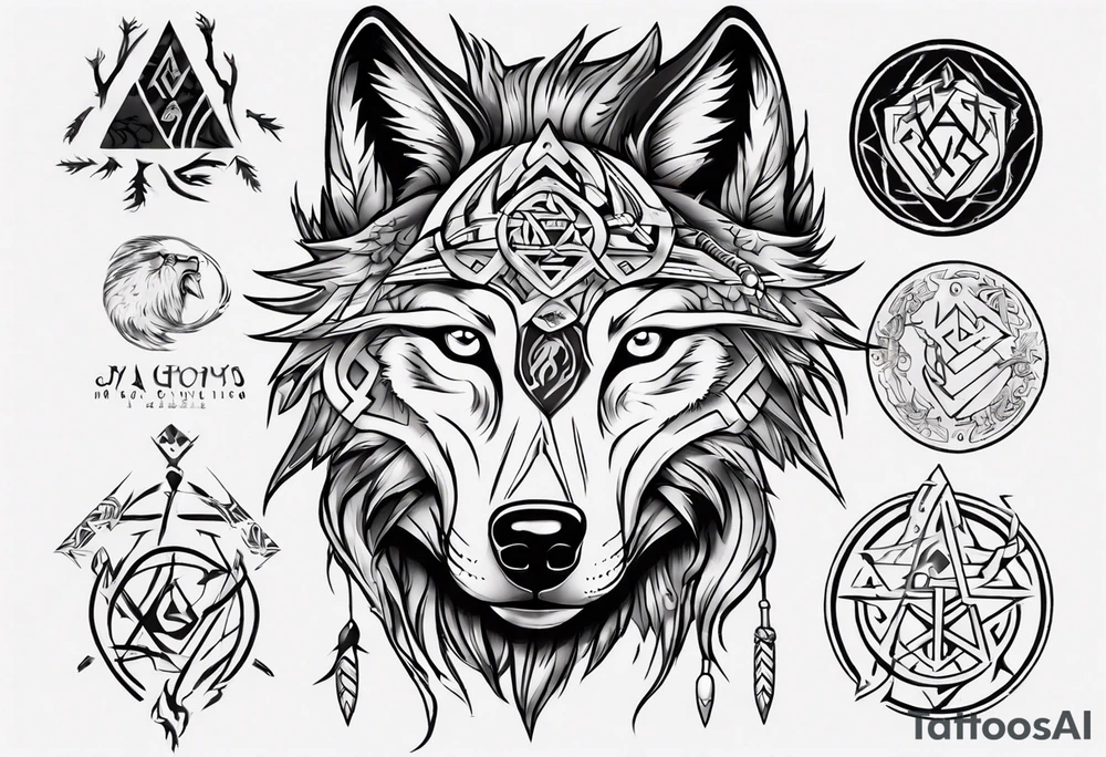 Wolf with Norse symbols, a bit of Māori tattooing and my nanas name joy in it tattoo idea