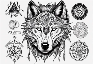 Wolf with Norse symbols, a bit of Māori tattooing and my nanas name joy in it tattoo idea