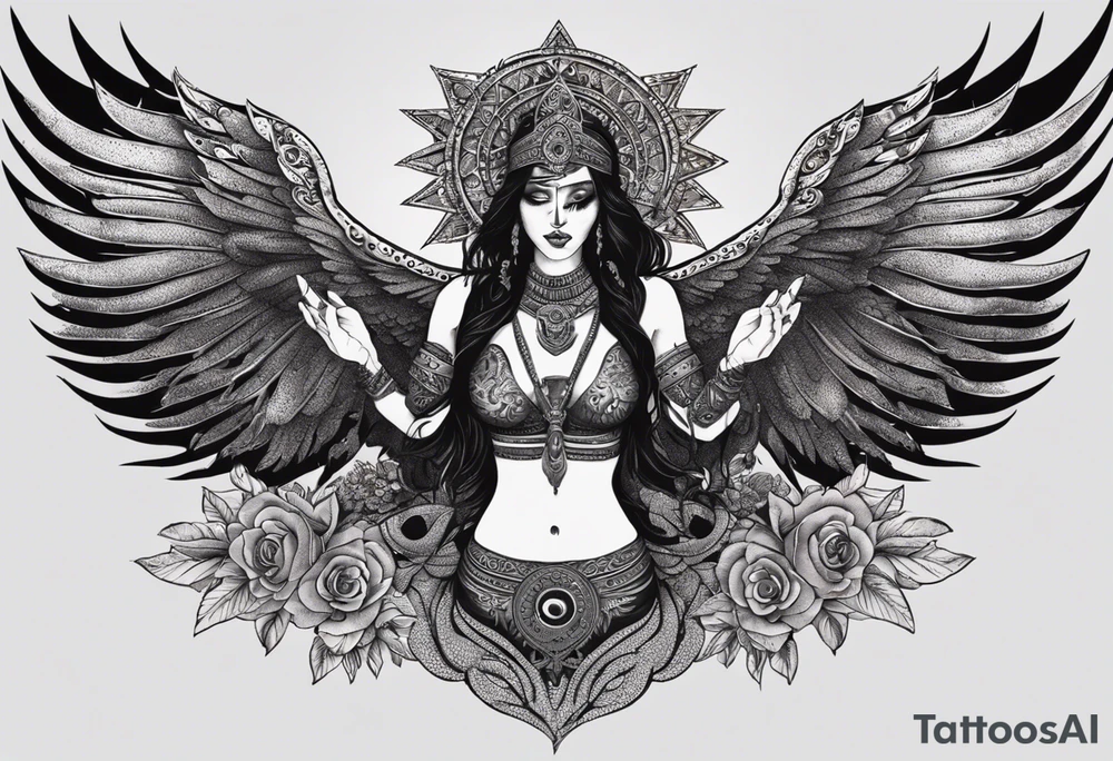 black kali, goddess pirate, alien, angel, pachamama, valkrye, warrior, flying, skull, lotus azul, wing, eagle, zenza resonance, stars, 5D, anahata chakra, death, durga, riding on a tiger, flying lady, kundalini, chest tatoo tattoo idea