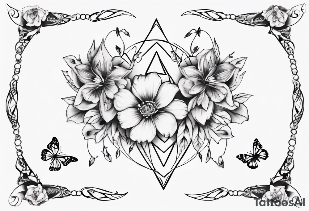 Ankle bracelet tattoo with flowers and butterflies and larger in the centre tattoo idea