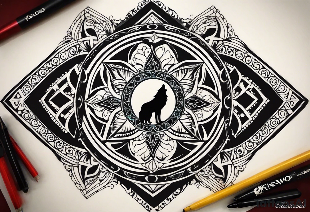 a tattoo whose main theme is balance but also resembles new begining, strong willpower, peace and loyalty. This should be for the front part of the shoulder. maybe add the ying-yang symbol somewhere in the tattoo. Tattoo should have an equal amount of blue and red along with the overall tattoo being black. In corporate a wolf into the tattoo, make sure it resembles ing and yang. wolf needs to look dangerous tattoo idea
