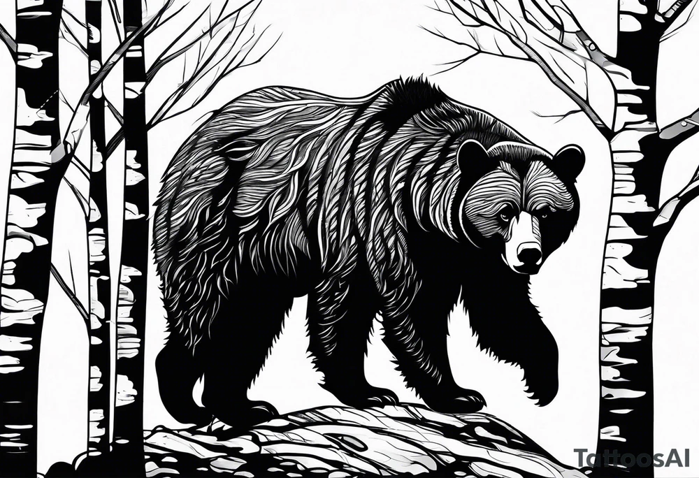 bear silhouette, birch tree, ankle band tattoo idea