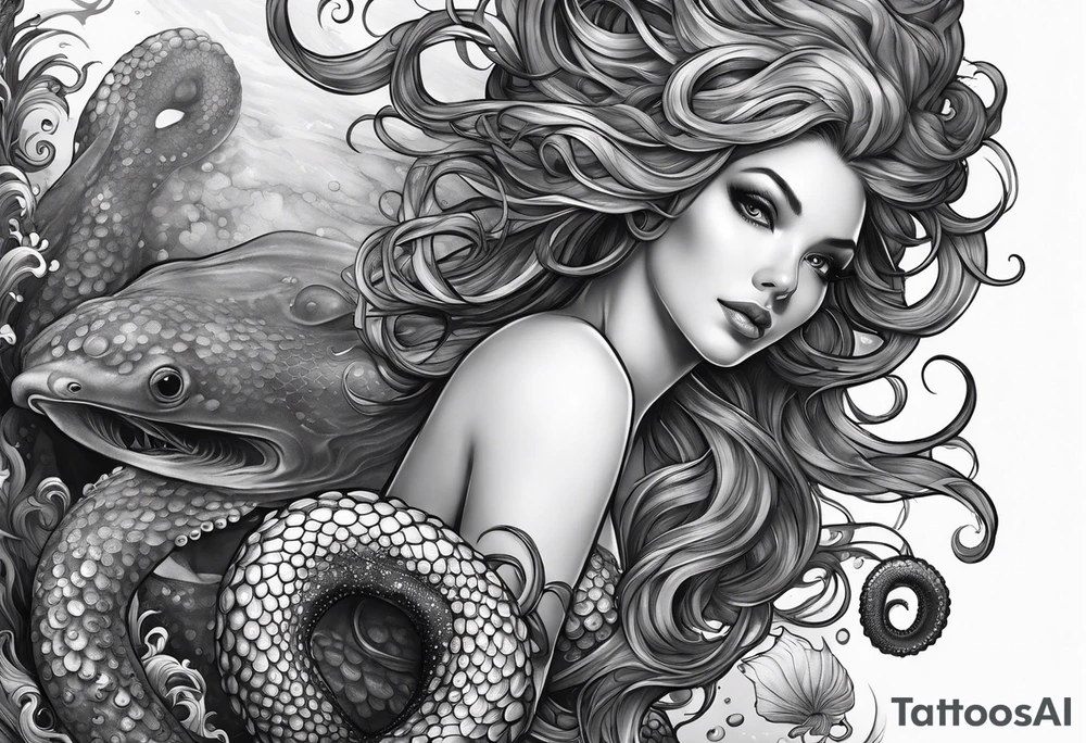 Octopus looking up at a mermaid in the ocean wrap around entire bottom of leg. tattoo idea
