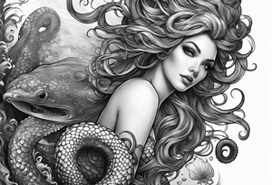 Octopus looking up at a mermaid in the ocean wrap around entire bottom of leg. tattoo idea