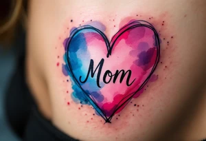 A watercolor heart in pink and blue with the word “Mom” scripted across it in elegant cursive. tattoo idea