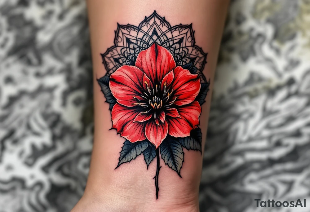 red  and black rhododendron trippy with mandala behind tattoo idea