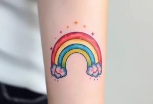 A rainbow with a halo above it to honour a rainbow baby tattoo idea