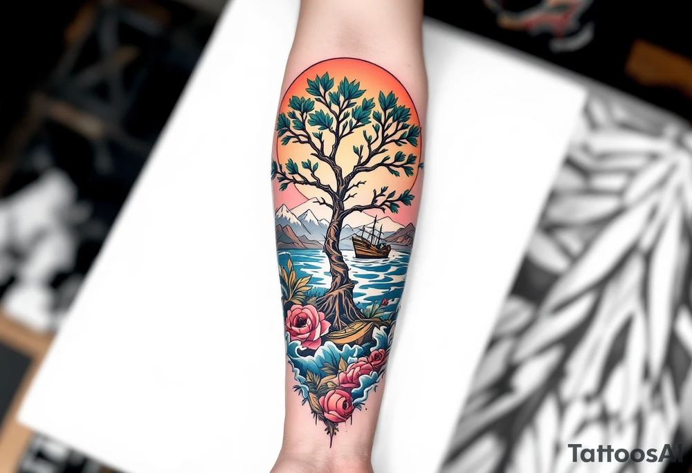 a forearm tattoo that has an acacia tree with mountains, ocean with a ship wreck tattoo idea