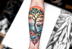 a forearm tattoo that has an acacia tree with mountains, ocean with a ship wreck tattoo idea