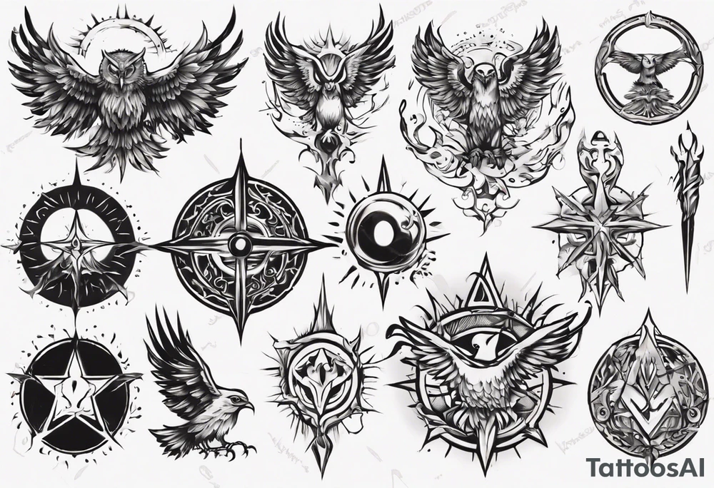 symbol eines Kriegers Wassermann Eule Sonne tattoo idea
