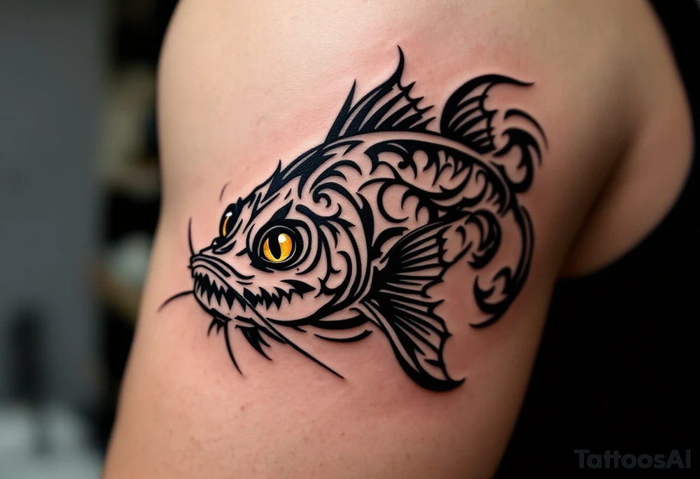 Tribal Catfish Design – A catfish rendered in bold black tribal lines, with symmetrical swirls and sharp angles representing movement and strength. tattoo idea