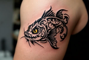 Tribal Catfish Design – A catfish rendered in bold black tribal lines, with symmetrical swirls and sharp angles representing movement and strength. tattoo idea