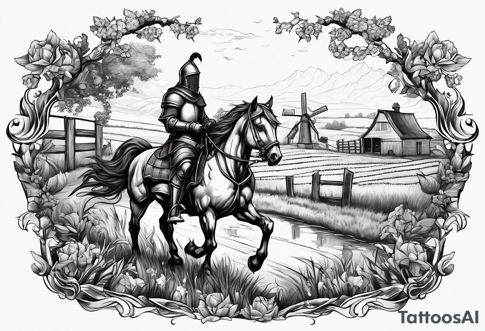a knight with an old farm in the background with horses in the netherlands tattoo idea