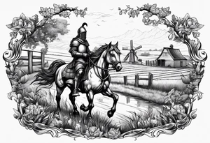 a knight with an old farm in the background with horses in the netherlands tattoo idea