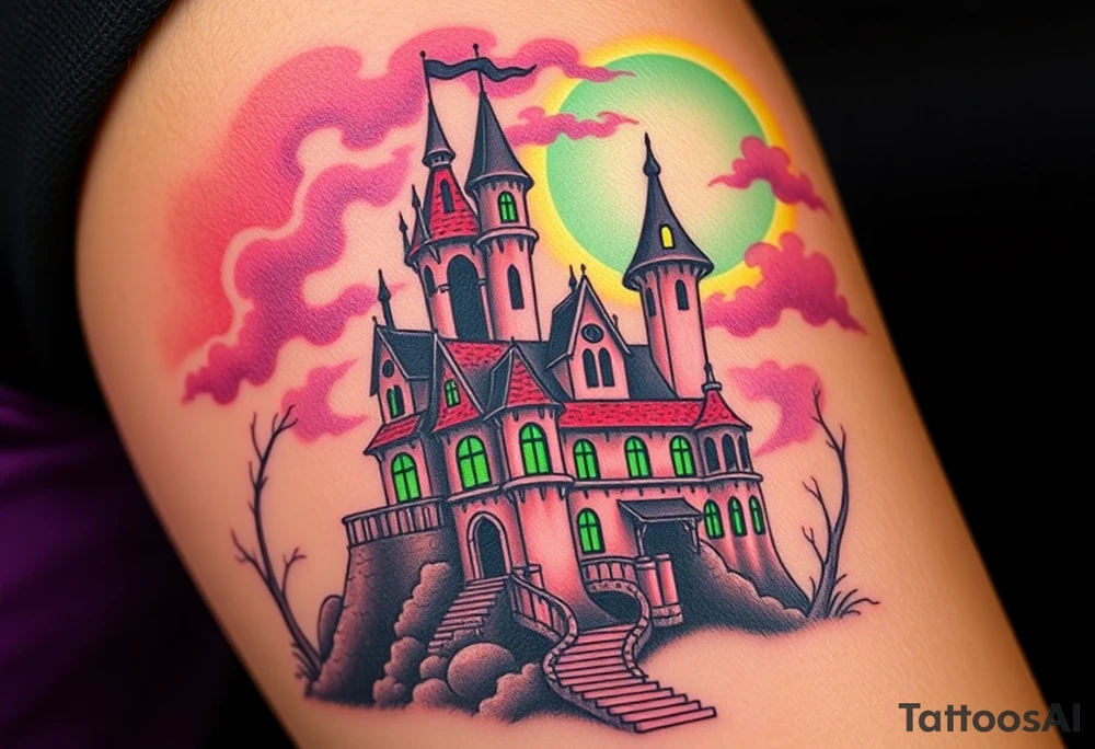 Tim Burton’s disney sleeping beauty’s haunted castle is abandoned and dripping with muted reds, dusty pinks, and eerie green glow.purple and cyan smokey clouds swirl in the crescent moonlit sky thats sprinkled with stars tattoo idea tattoo idea