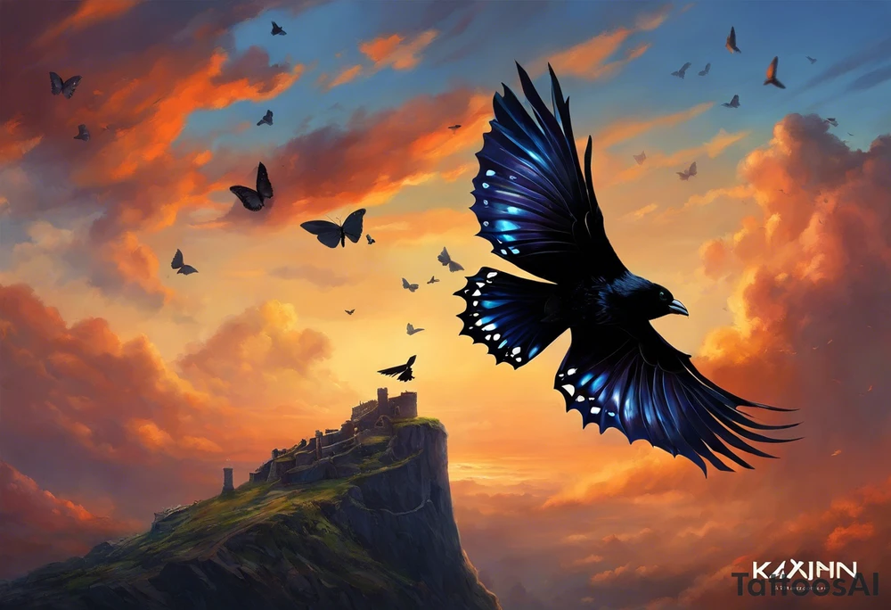 A butterfly flies towards the sky. Below the butterfly, a raven flies towards the sky. 
The butterfly and the raven are the same size
In the background is the name Malia.
In the background is the name SKF.
The number 89 can be seen in the background.
There is also a scorpion in the wing of the butterfly.
This tattoo is black and white and on the arm. tattoo idea