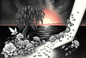 Sunset galaxy. Dark Ocean.  fairies, mermiads, dragons  weeping willow garden with roses and lilies flower beds,,  cat paw prints path in dirt. tattoo idea