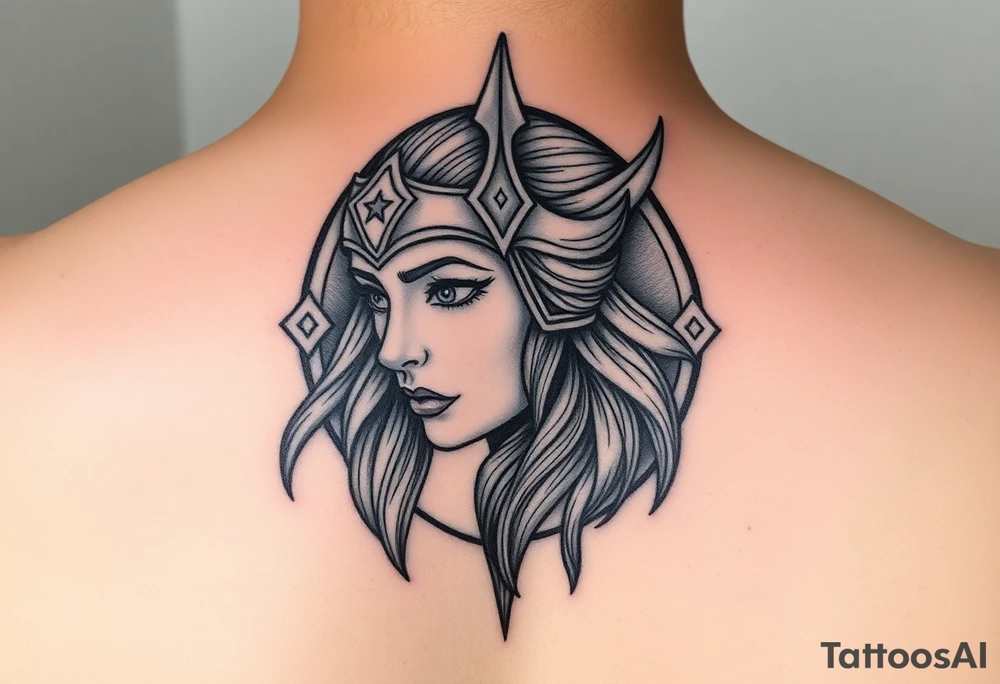 Female Viking Shield maiden face, black work, intricate lines, realistic, complex tattoo idea