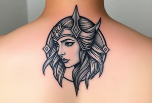 Female Viking Shield maiden face, black work, intricate lines, realistic, complex tattoo idea