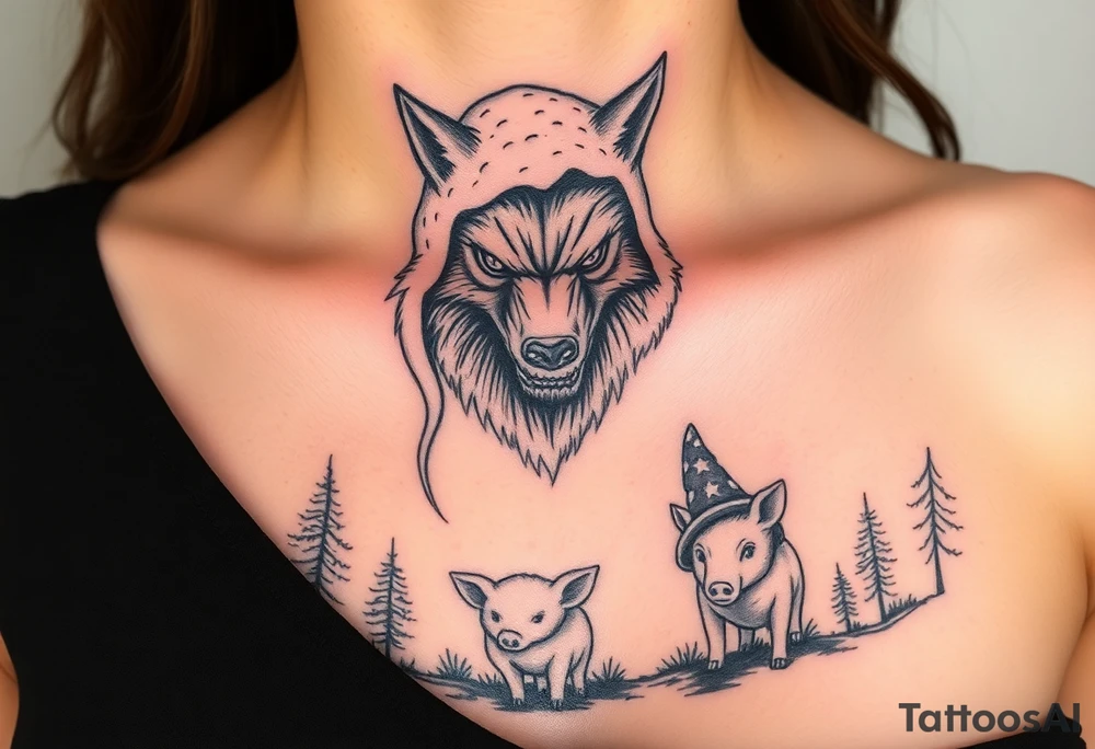 Scary Big bad wolf nursery rhyme wearing a sheep costume with sheep head as hood and eat the three little pigs and little red riding hood in the woods tattoo idea