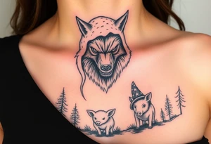 Scary Big bad wolf nursery rhyme wearing a sheep costume with sheep head as hood and eat the three little pigs and little red riding hood in the woods tattoo idea