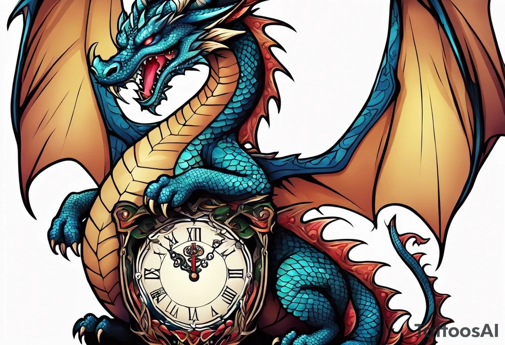 Dragon kawaii , clock, cross tattoo idea