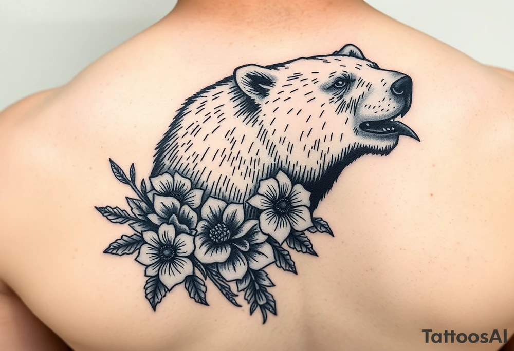 powerful majestic polar bear with flowers from Nunavut and representing pain, anger love and healing tattoo idea