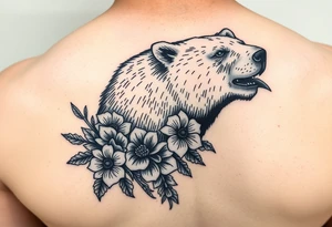 powerful majestic polar bear with flowers from Nunavut and representing pain, anger love and healing tattoo idea