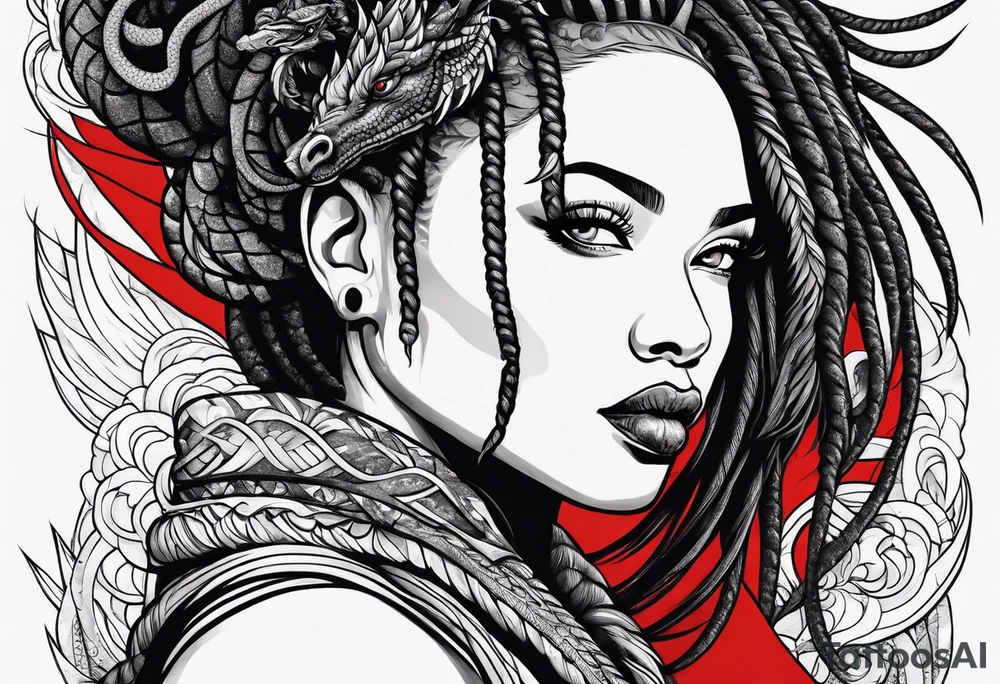 Woman with locs and red dragon in background tattoo idea
