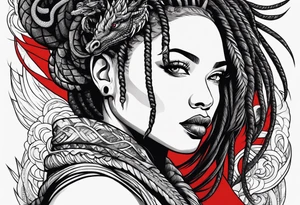 Woman with locs and red dragon in background tattoo idea