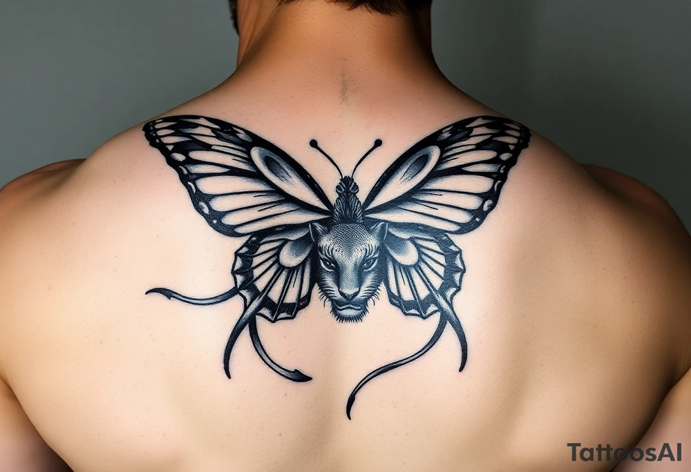 ethereal butterfly with flowing silk ribbons in moonlight with panther tattoo idea