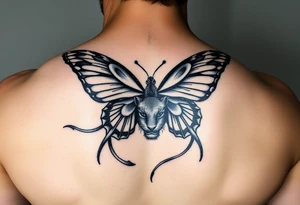 ethereal butterfly with flowing silk ribbons in moonlight with panther tattoo idea