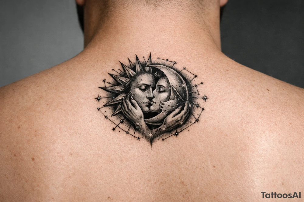 celestial sun and moon embrace with constellation patterns tattoo idea