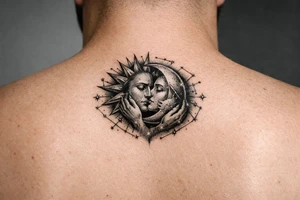 celestial sun and moon embrace with constellation patterns tattoo idea