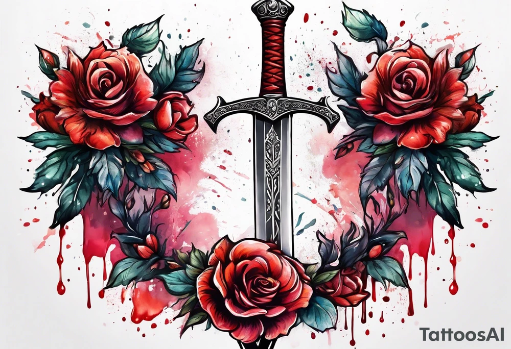 Bloody sword dripping into flowers tattoo idea