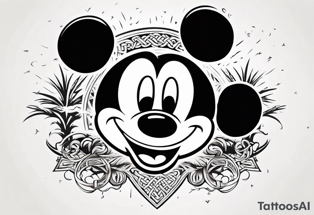 mickey mouse in a lightning storm with palm trees and the celtic symbol for family tattoo idea