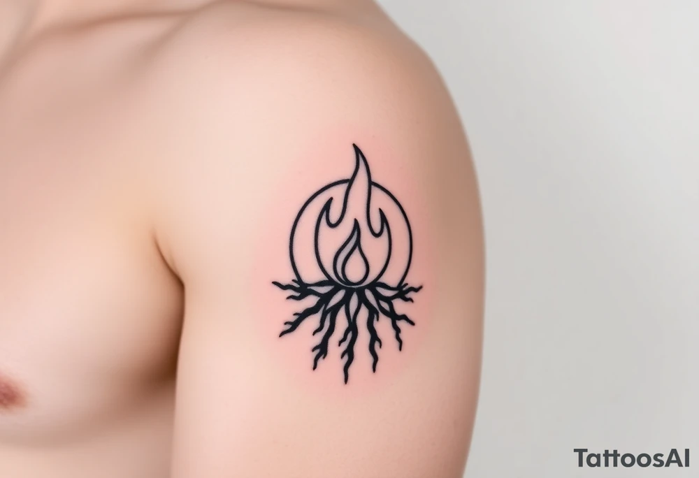 a round flame in a prison of 
roots tattoo idea