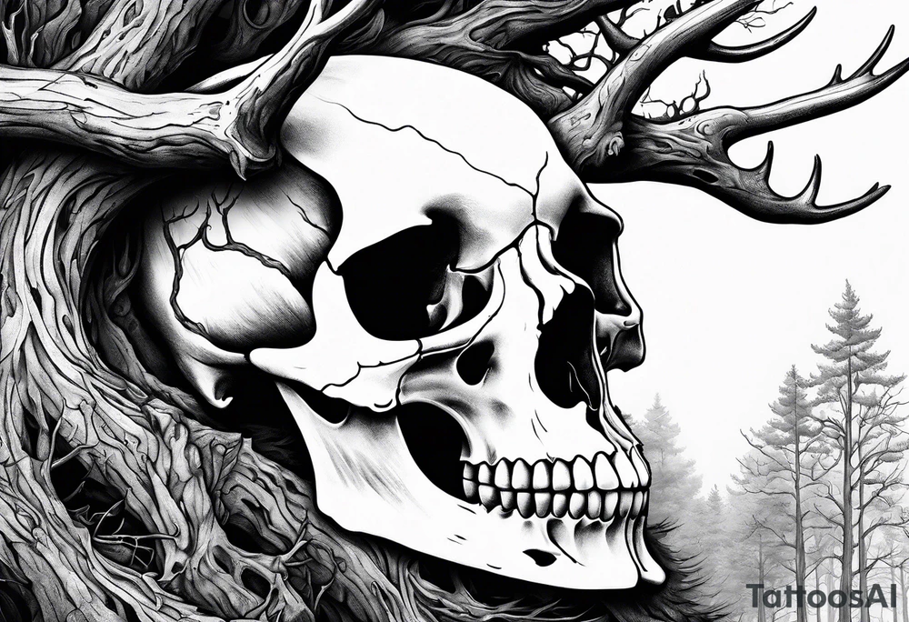 A side view of a decayed deer skull with no skin JUST BONE surrounded by trees and fire tattoo idea