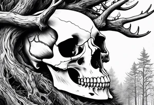 A side view of a decayed deer skull with no skin JUST BONE surrounded by trees and fire tattoo idea