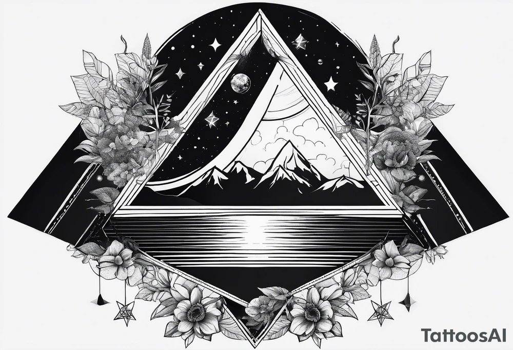 thick line art of space and nature in triangle shape tattoo idea