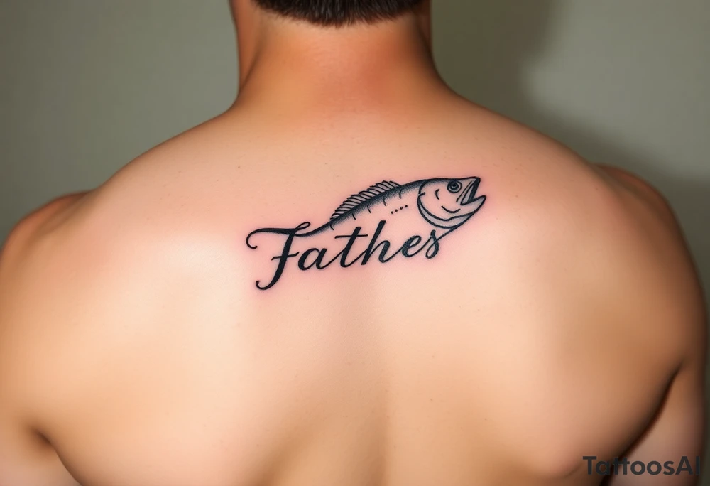 Memorial of father fishing with name in fishing line tattoo idea