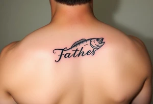 Memorial of father fishing with name in fishing line tattoo idea
