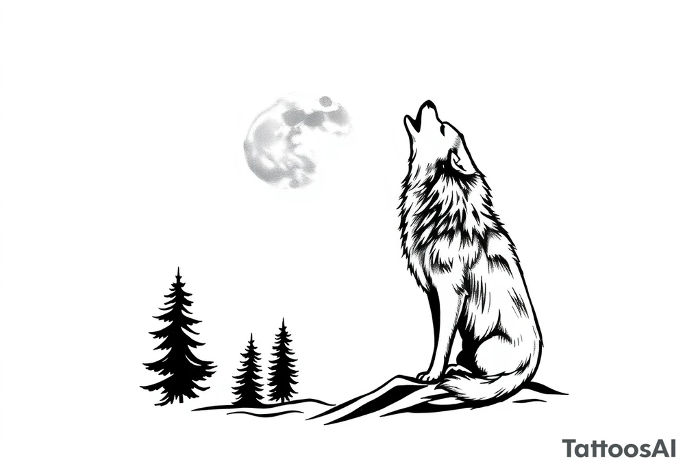 lone wolf howling at full moon with northern lights backdrop tattoo idea