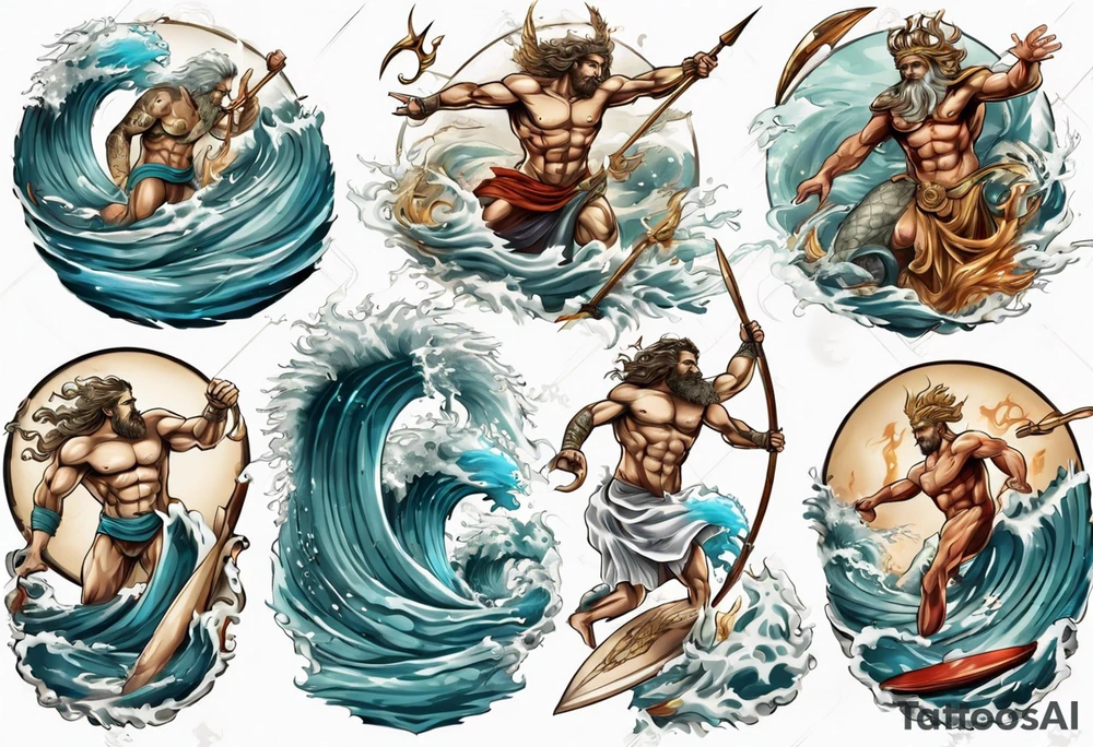 Ancient Greek gods of the sea fighting with surfer  and trident  with other gods tattoo idea