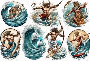 Ancient Greek gods of the sea fighting with surfer  and trident  with other gods tattoo idea