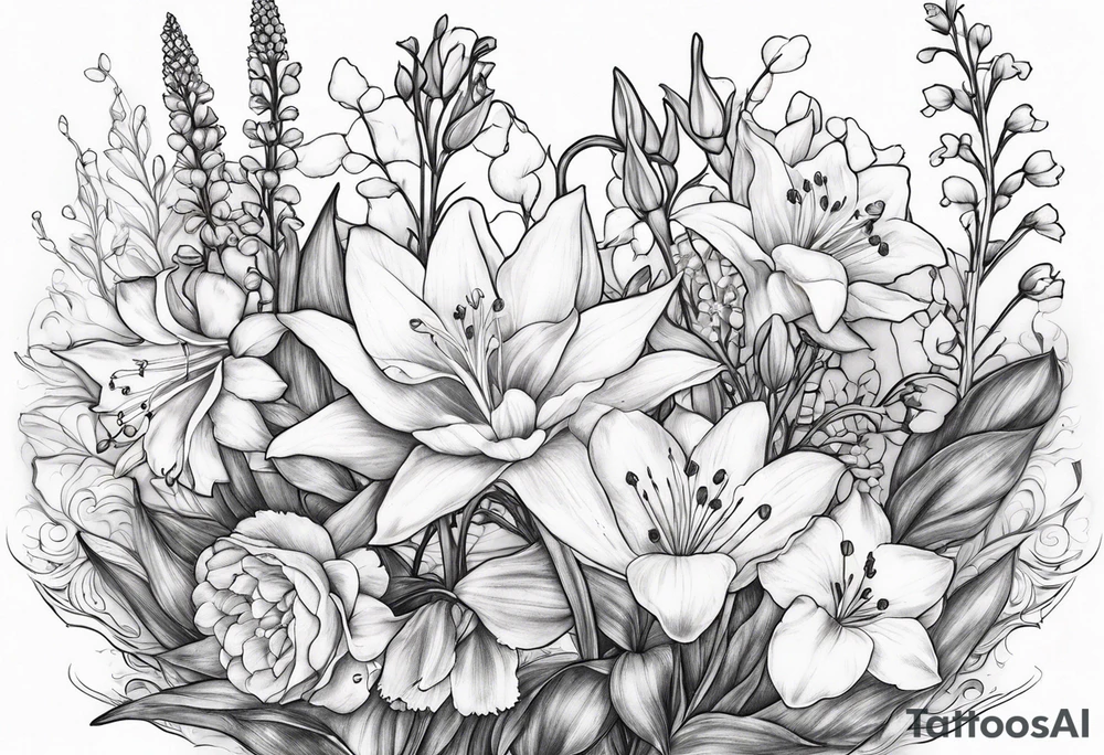 Big Larkspur and Lily of the valley flowers surrounded by water lilies, Hawthorne flowers, carnations, and snowdrop flowers tattoo idea