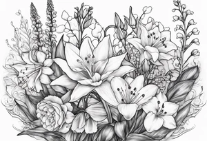 Big Larkspur and Lily of the valley flowers surrounded by water lilies, Hawthorne flowers, carnations, and snowdrop flowers tattoo idea