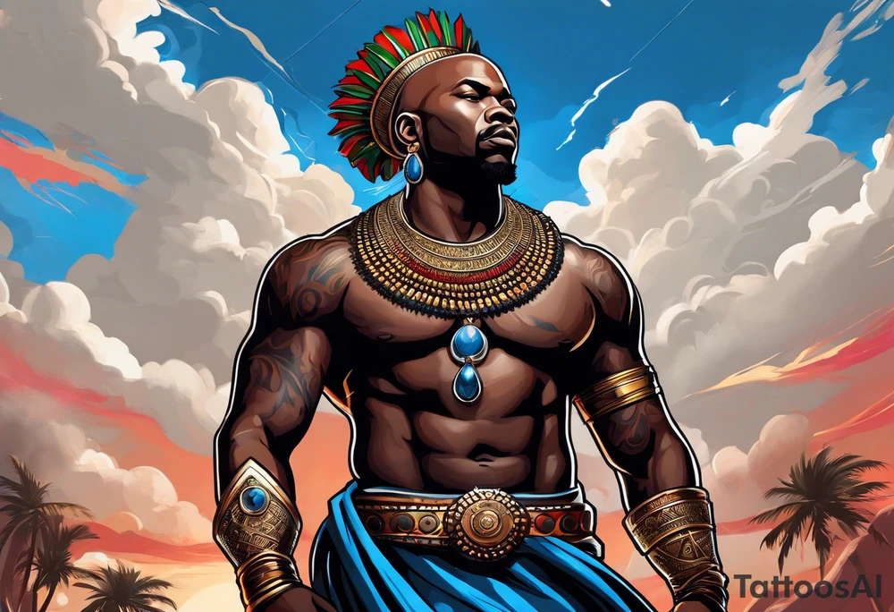 An african god, a bald black-skinned warrior, that uses a sword and a silver crown. He also uses blue and red necklaces tattoo idea