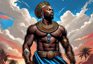 An african god, a bald black-skinned warrior, that uses a sword and a silver crown. He also uses blue and red necklaces tattoo idea